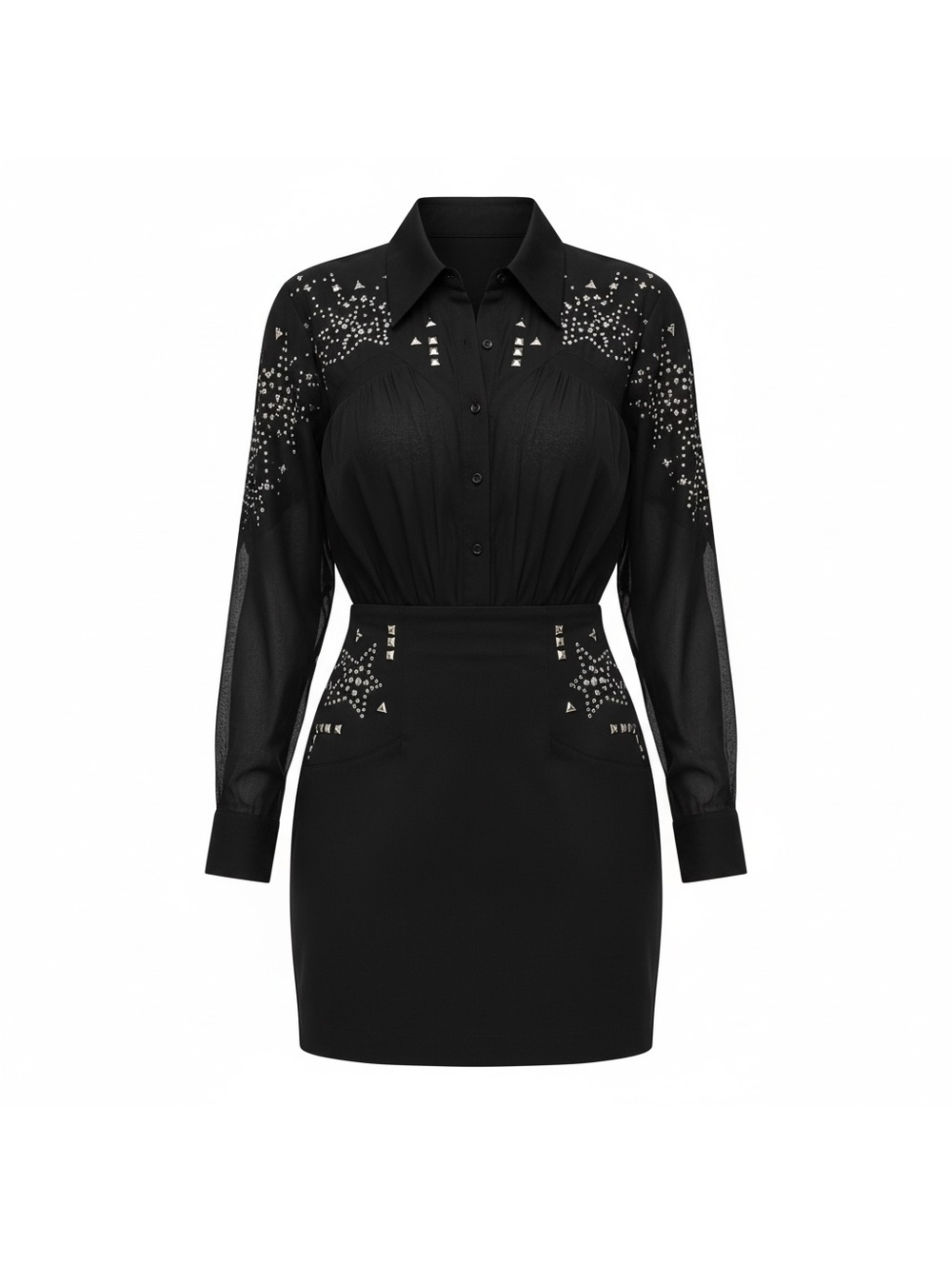 Lillie Rubin Black Rhinestone Studded Western Shirt & Skirt Set